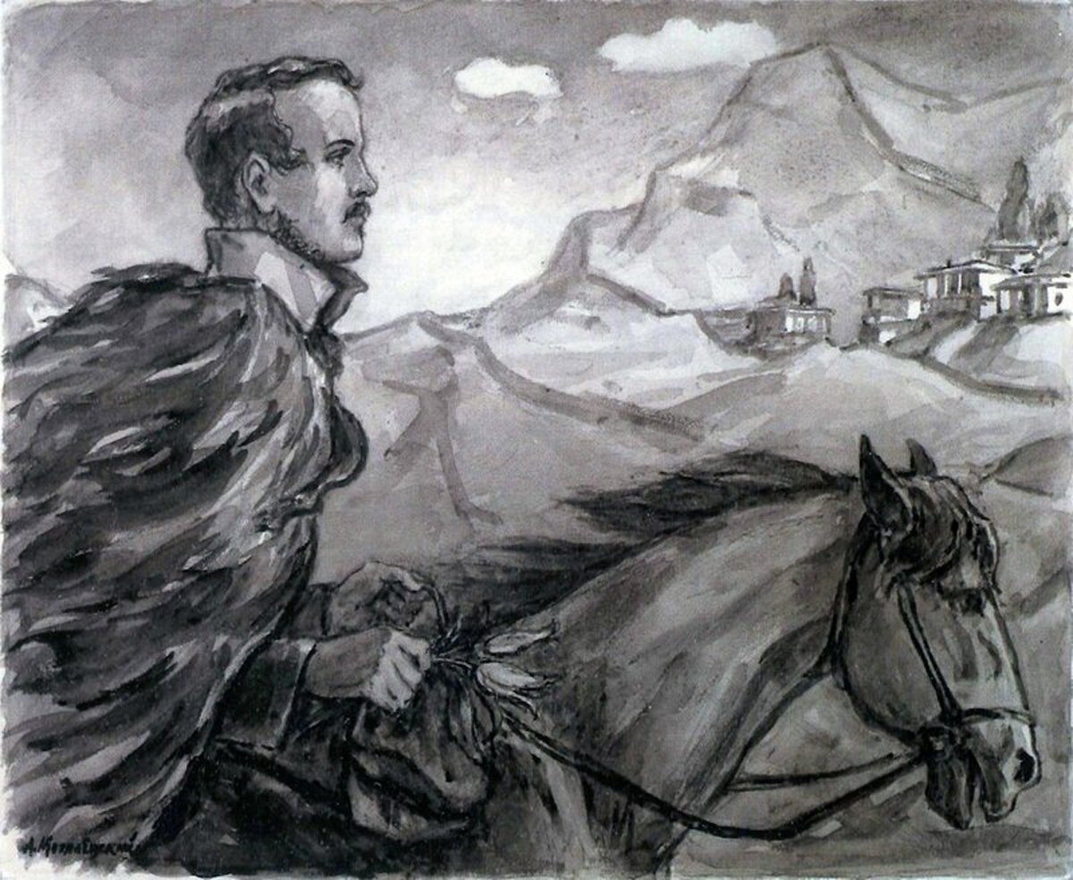 Лермонтов на коне. Рисунок Могилевского Александра Павловича, 1964 г.